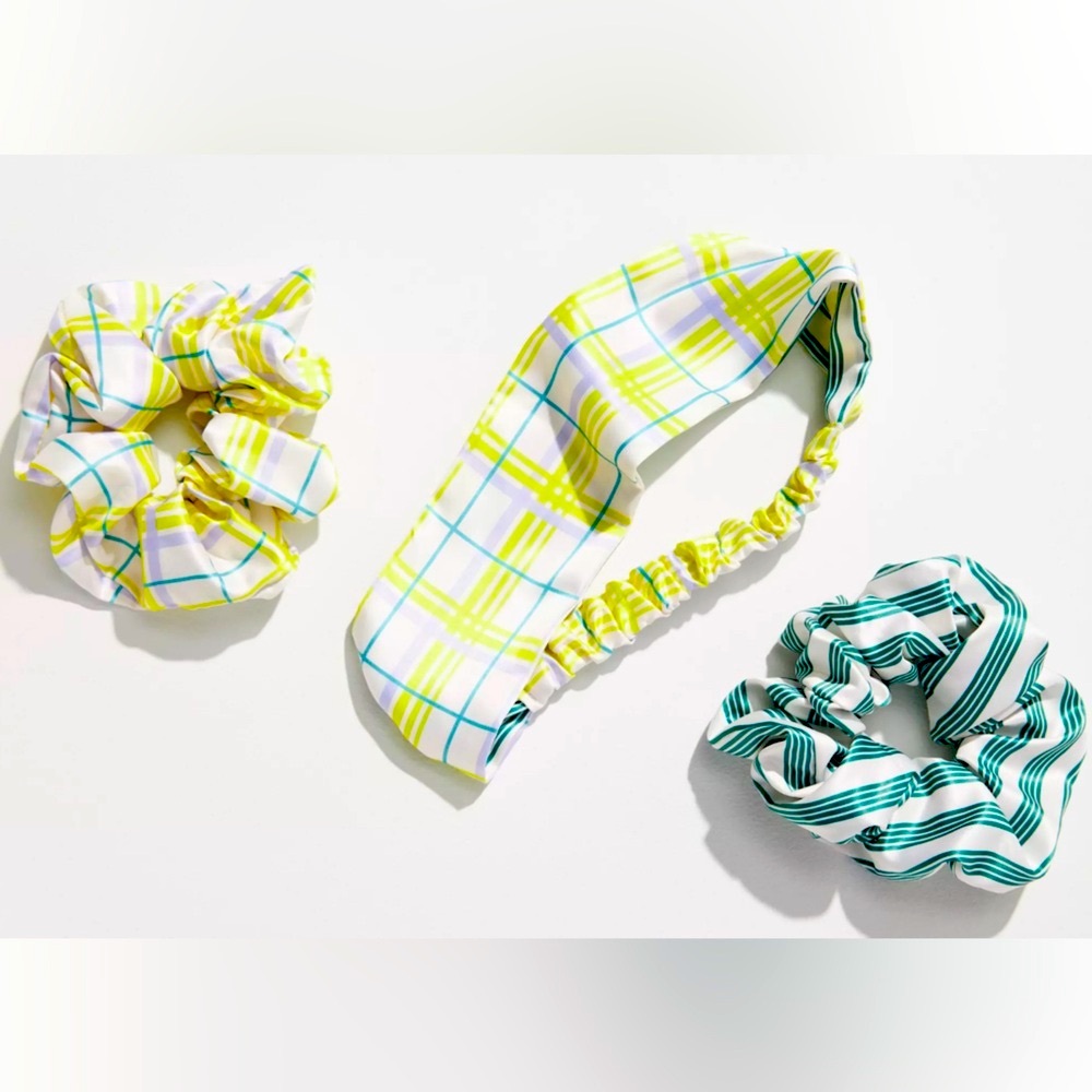 Anthropologie Printed Headband & Scrunchies Striped Green and Plaid Set